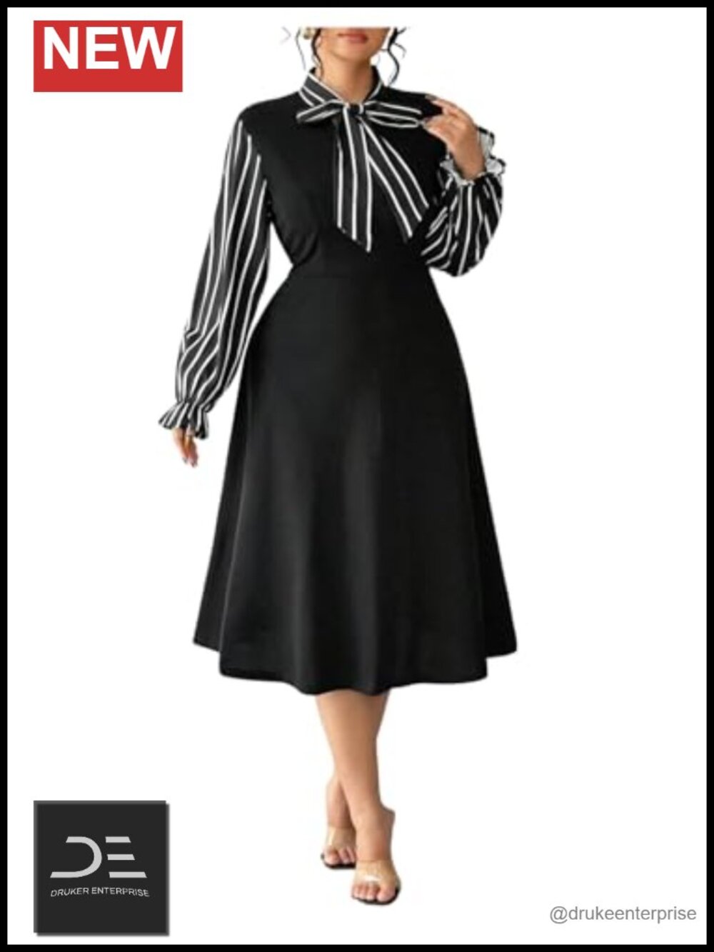 Plus Size Striped Midi Dress Long Sleeve Bow Collar A-Line